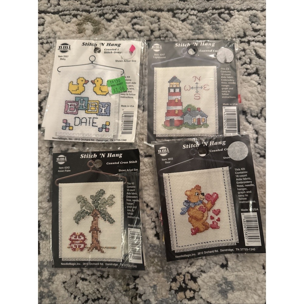 Lot Of 4 NMI Stitch And Hang Counted Cross Stitch Complete Kits Baby Bear Beach